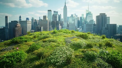 Obraz premium A vibrant green hill contrasts with a bustling city skyline, showcasing nature's beauty amidst urban architecture.