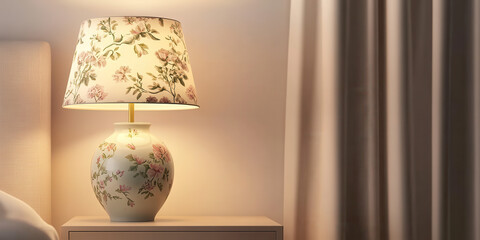 Floral table lamp illuminating a bedside table, soft light creates a calming bedroom atmosphere.