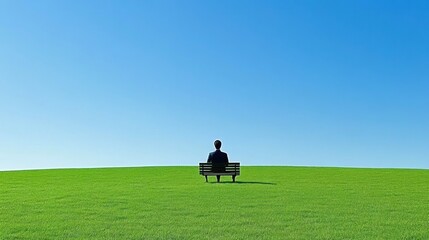 Solitary figure sitting on a bench in a vast green field under a clear blue sky.