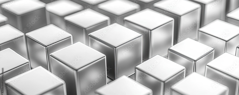 Poster minimal symmetry concept. a close-up view of metallic cubes reflecting light in an abstract arrangem