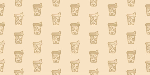 Obraz premium coffee paper cup pattern background. vintage take away paper coffee cup pattern background. cafe pattern background. Take away coffee cup pattern background. paper coffee cups background.