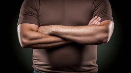Close-up of muscular man with arms crossed, wearing brown t-shirt.