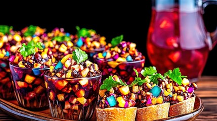 Colorful fruit salad in glasses with bread, served on a wooden tray next to a pitcher of red juice.