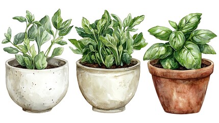 Obraz premium Watercolor illustration of three potted herbs basil, parsley, and mint, in different terracotta pots, isolated on a white background.
