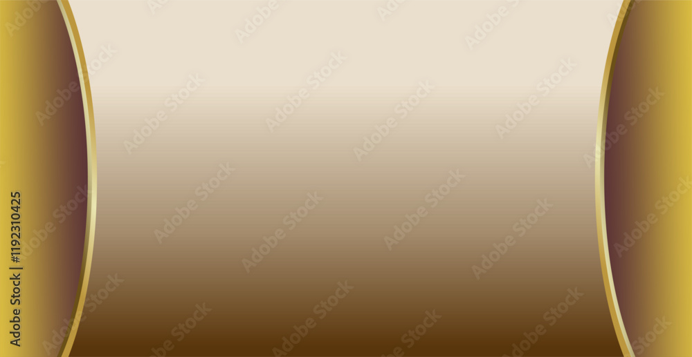 Poster composition of empty space, curved lines and geometric abstract fields with gradations of gold, brow