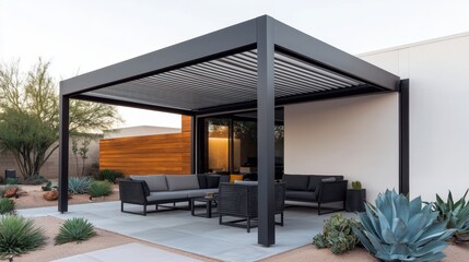 Obraz premium Patio furniture seating and minimal, A modern outdoor pergola with sleek furniture, surrounded by desert plants, creating a stylish relaxation space.