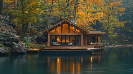 Obraz premium Cozy lakeside cabin surrounded by autumn foliage.