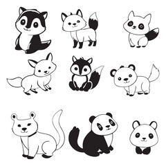 
Black and white cute animal kids collection, sketch line art design, Adorable animal, domestic animal set silhouette vector, wild animal illustration.