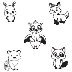 
Black and white cute animal kids collection, sketch line art design, Adorable animal, domestic animal set silhouette vector, wild animal illustration.
