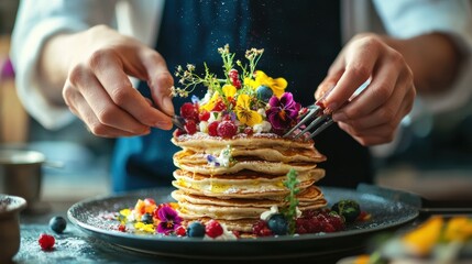 Delicious pancake stacking event bright kitchen food photography and culinary art