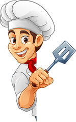 A chef, barbecue cook or baker cartoon food man mascot character holding a spatula and peeking around a sign or menu board with copy space illustration