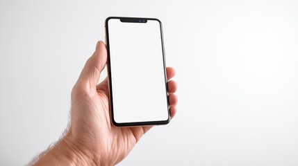 Hand holding a smartphone with a blank screen