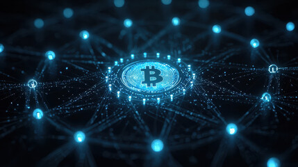 Obraz premium Digital currency symbol glowing in network of interconnected nodes