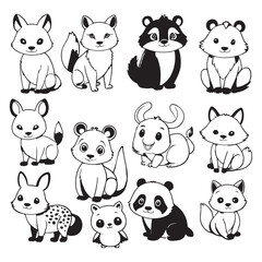 
Black and white cute animal kids collection, sketch line art design, Adorable animal, domestic animal set silhouette vector, wild animal illustration.
