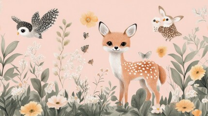 Cute fawn surrounded by flowers, butterflies, and owls on a pink background.