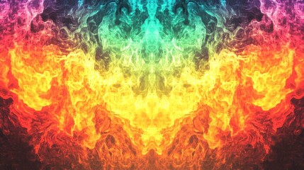 Obraz premium Abstract vibrant flames, symmetrical fiery design with orange, yellow, red, teal, and blue hues.