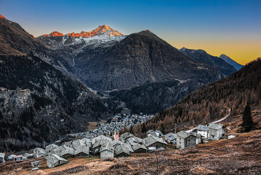 Sunset on Pizzo Stella and Campodolcino, Alps landscape, Italy