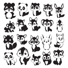 
Black and white cute animal kids collection, sketch line art design, Adorable animal, domestic animal set silhouette vector, wild animal illustration.