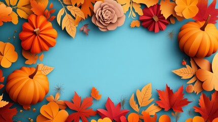 Fototapeta premium Autumnal Paper Craft: Festive Fall Leaves Pumpkins and Flowers on Blue Background