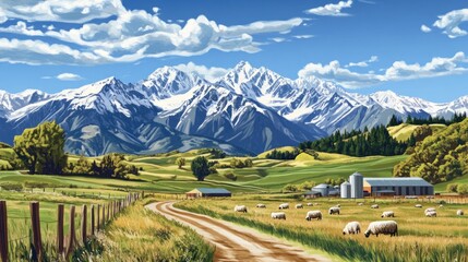 Obraz premium Scenic farm landscape with snow-capped mountains, sheep grazing in a valley, dirt road, and farm buildings under a bright, sunny sky.
