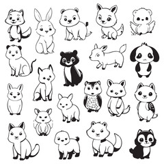 
Black and white cute animal kids collection, sketch line art design, Adorable animal, domestic animal set silhouette vector, wild animal illustration.
