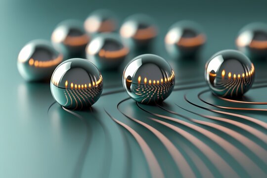Reflective spheres on a teal undulating surface