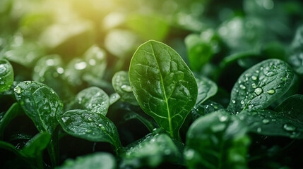 Fresh green spinach leaves glisten with droplets after light rain in a garden
