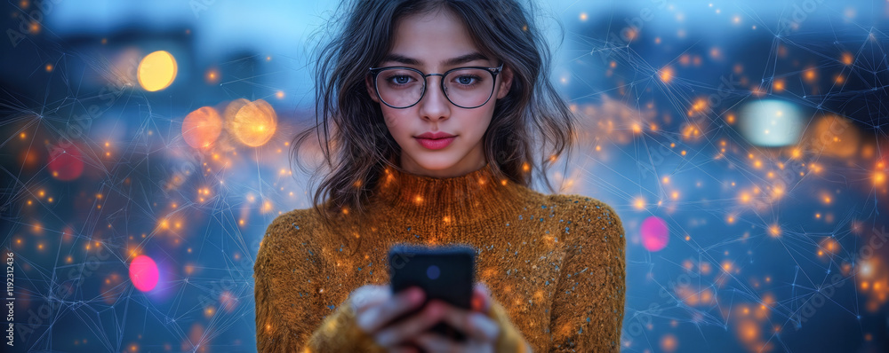 Aufkleber woman using smartphone with iot network digital connection for e-commerce and mobile banking