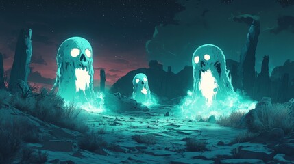 Glowing skull spirits emerging from the ground in a desert landscape at night