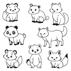Fototapeta premium Black and white cute animal kids collection, sketch line art design, Adorable animal, domestic animal set silhouette vector, wild animal illustration.
