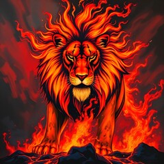 A Colossal Fiery Lion in Bold Acrylic Painting Style