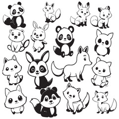 
Black and white cute animal kids collection, sketch line art design, Adorable animal, domestic animal set silhouette vector, wild animal illustration.