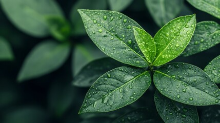 Fototapeta premium Fresh Green Leaves with Water Droplets on a Dark Background