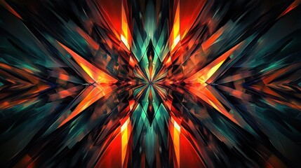 Abstract fractal art with sharp, colorful, geometric shapes creating a symmetrical, radiating design.