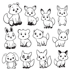 
Black and white cute animal kids collection, sketch line art design, Adorable animal, domestic animal set silhouette vector, wild animal illustration.
