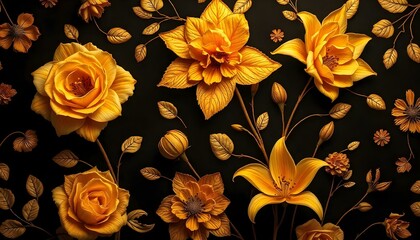 Art deco roses and lilies golden flowers on a black background