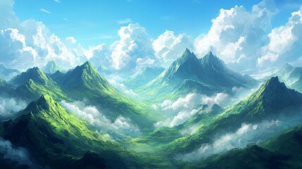World Environment Day concept: Green mountains and beautiful sky clouds under the blue sky