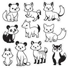 
Black and white cute animal kids collection, sketch line art design, Adorable animal, domestic animal set silhouette vector, wild animal illustration.