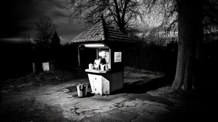 Black and white photo of a small, dark, nighttime kiosk or stand outdoors.