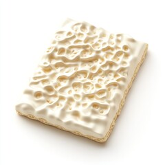 Close-up of a textured, off-white rectangular food item, possibly a cracker or confectionery, isolated on a white background.
