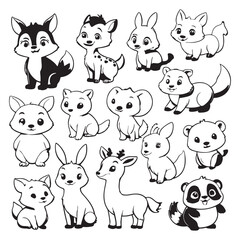 
Black and white cute animal kids collection, sketch line art design, Adorable animal, domestic animal set silhouette vector, wild animal illustration.