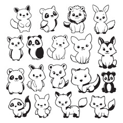 
Black and white cute animal kids collection, sketch line art design, Adorable animal, domestic animal set silhouette vector, wild animal illustration.