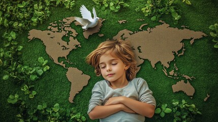 World peace day and International day of peace concept with peaceful mind kid resting in clean natural environment on eco friendly green lawn world map and dove 
