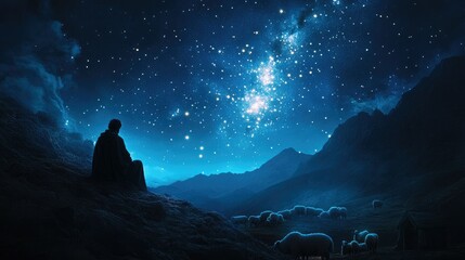 **"Jesus Christ’s Birth: Wooden Stable Under a Dark Blue Starry Night Banner with Copy Space"**