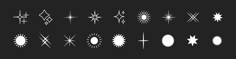 Fototapeta premium Retro star of different shapes flash silhouette set, Collection of twinkle particle stars and rays decorative symbols for design. Vector icons y2k style basic shapes geometric graphic elements.