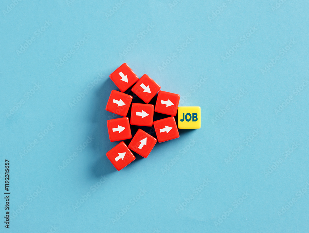 Poster many red arrows pointing to a single yellow dice showing the word job on blue background