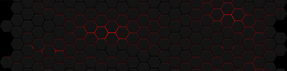 Hexagons honeycomb texture red neon background, Abstract futuristic technology backdrop banner design, Vector illustration.