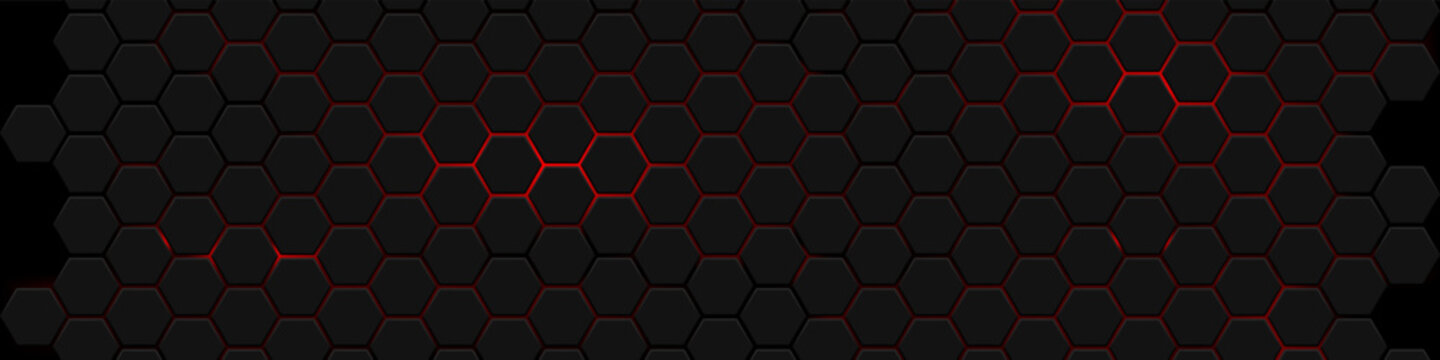 Hexagons honeycomb texture red neon background, Abstract futuristic technology backdrop banner design, Vector illustration.
