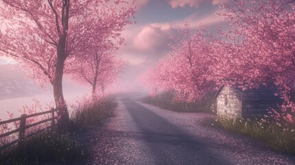Obraz premium A quiet countryside road lined with sakura trees in peak bloom, tranquil and serene.
