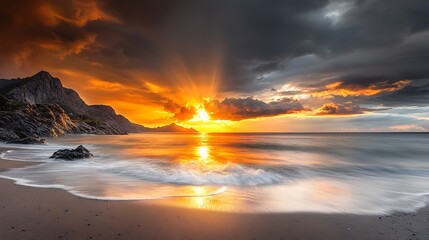 Fototapeta premium Dreamy seascape at sunset with warm light illuminating soft waves and a tranquil sandy shore, sun rays breaking through colorful clouds, highly detailed and photo realistic, 8 megapixels, 